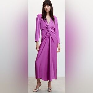 Pink Satin Midi Dress with Knot